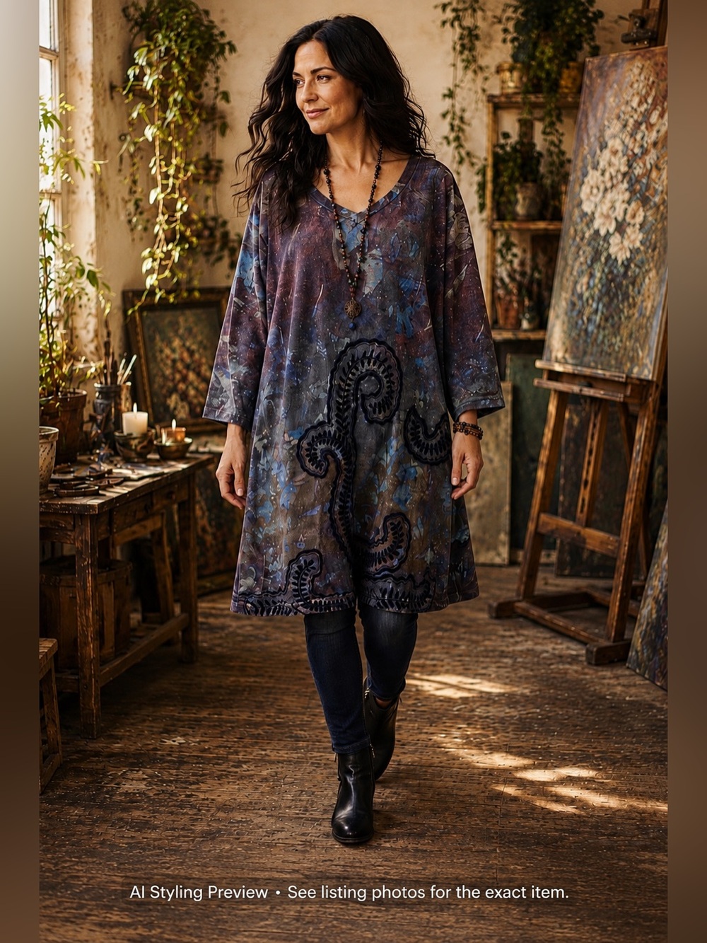 Onyx L Blue Purple Tunic Dress Paisley Wearable Art Lagenlook Boho